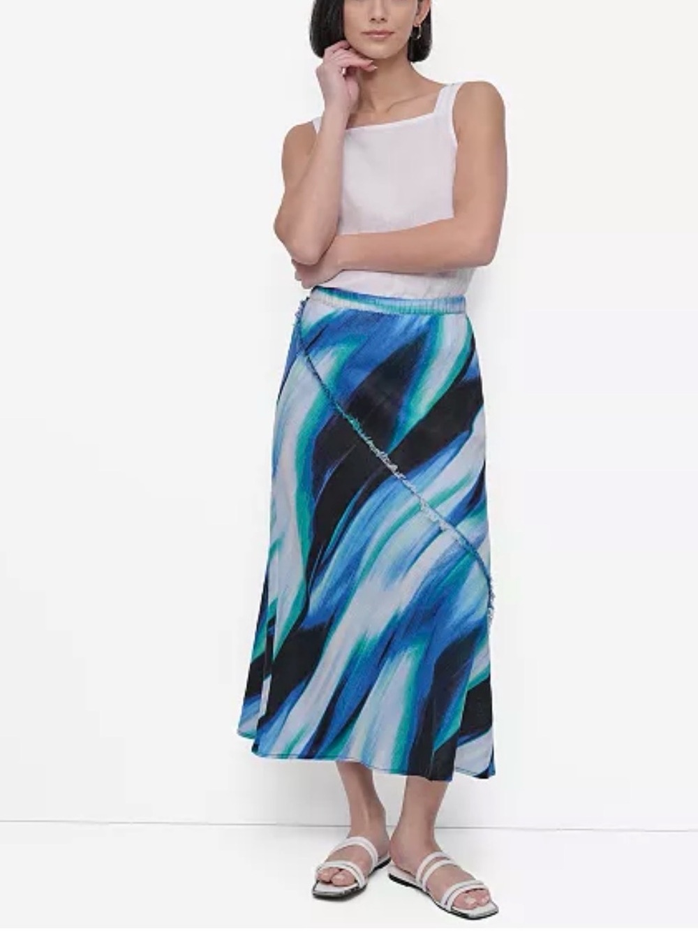 DKNY Linen A Line Midi Skirt Fringe Seam Elastic Waist Pull On Blue Green XL NWT